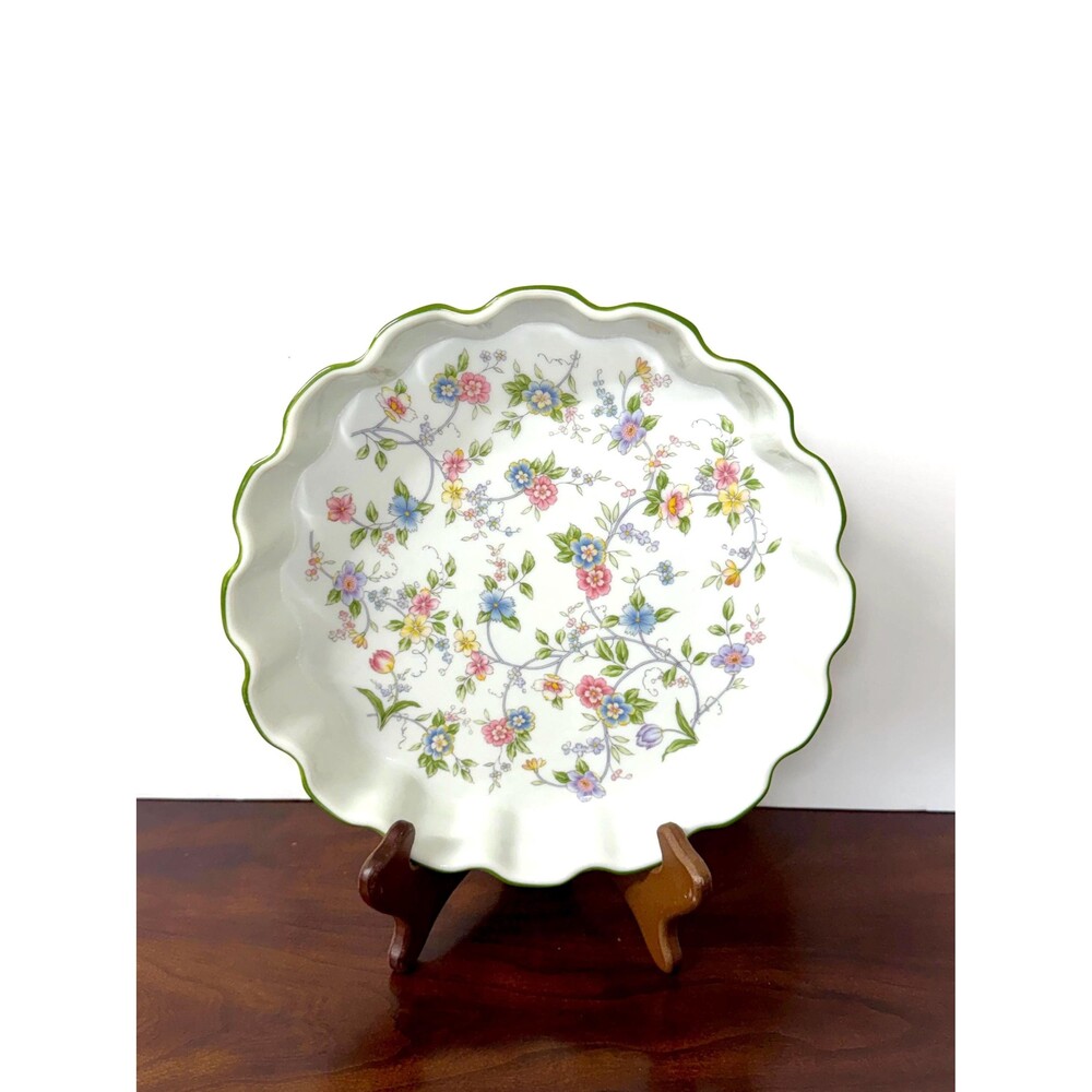 Vintage Quiche Dish Andrea by Sadek Corona 8306 Floral Pie Plate Green Trim